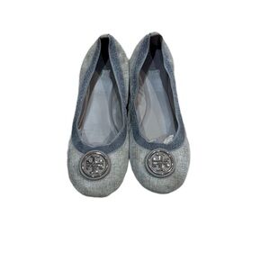 Tory Burch Silver-Tone Logo Flats Pre Owned Size 8 Women’s